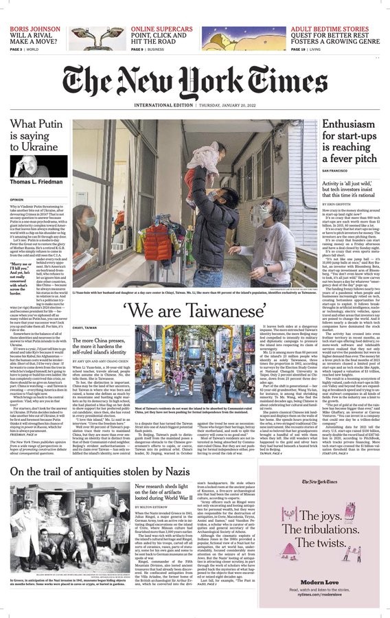 Story on Taiwanese identity makes front page of New York Times