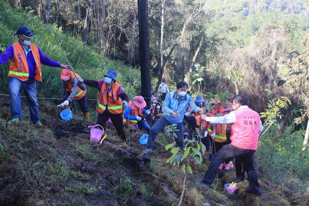 Volunteers plant trees to rehabilitate central Taiwan forest after fire