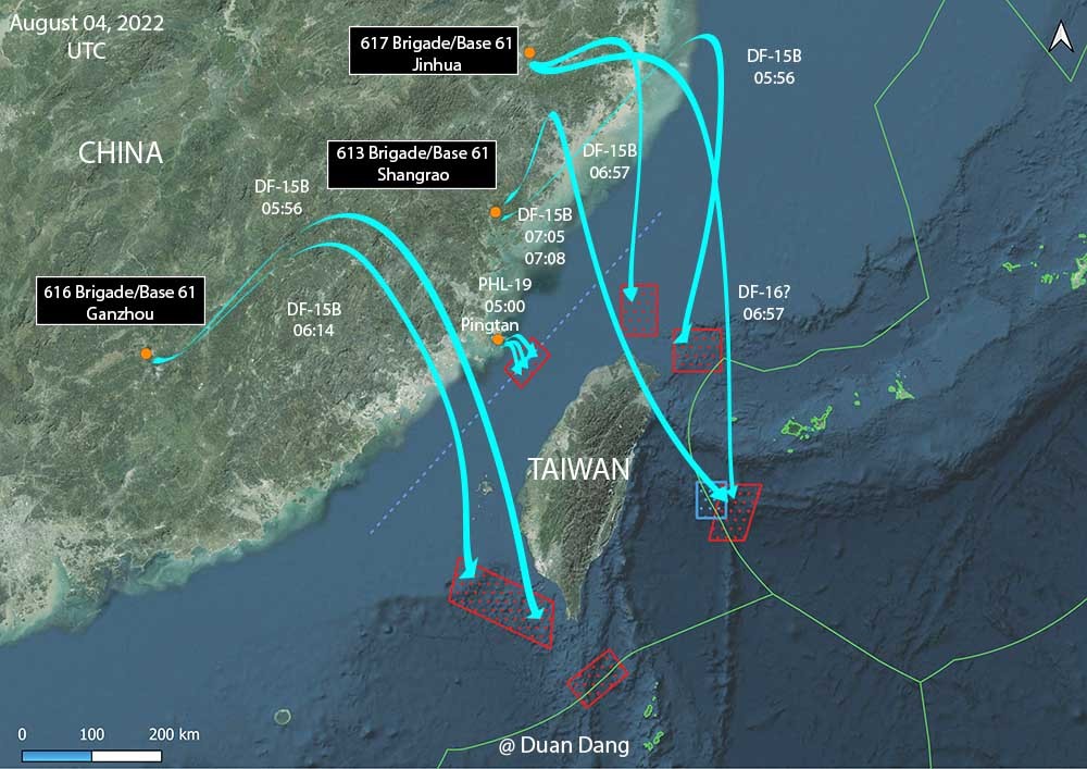 Map shows paths of Chinese missiles fired around Taiwan on Day 1