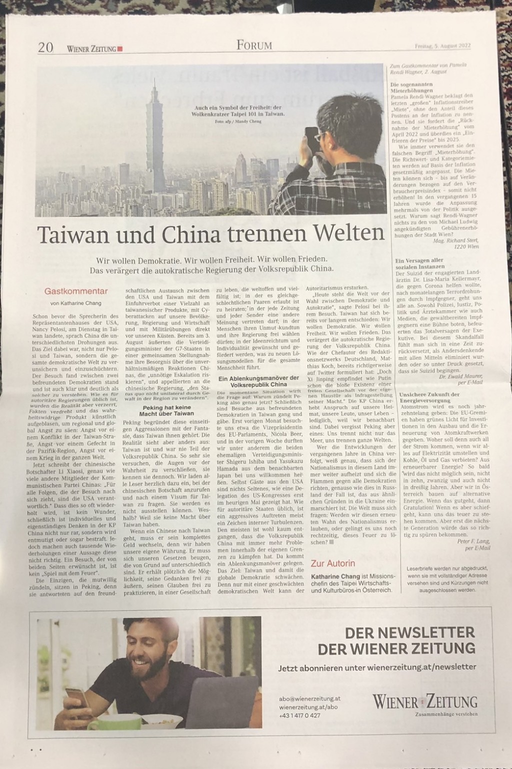駐奧地利大使張小月投書奧地利及維也納媒體　呼籲民主世界與台灣團結抵抗威權