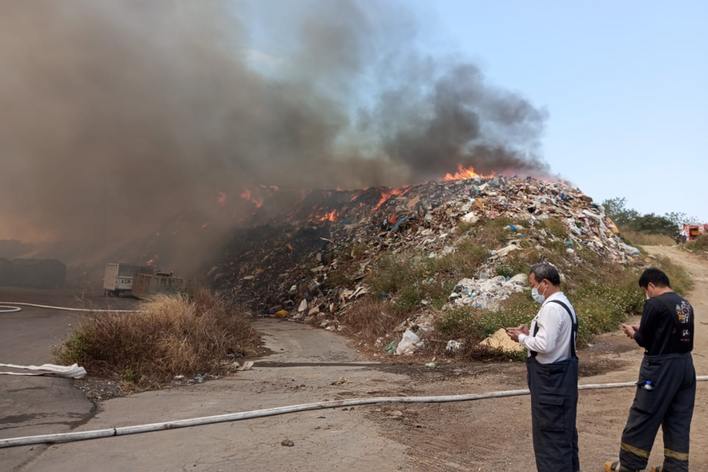 Mountain of trash catches fire in Taiwan's Miaoli County