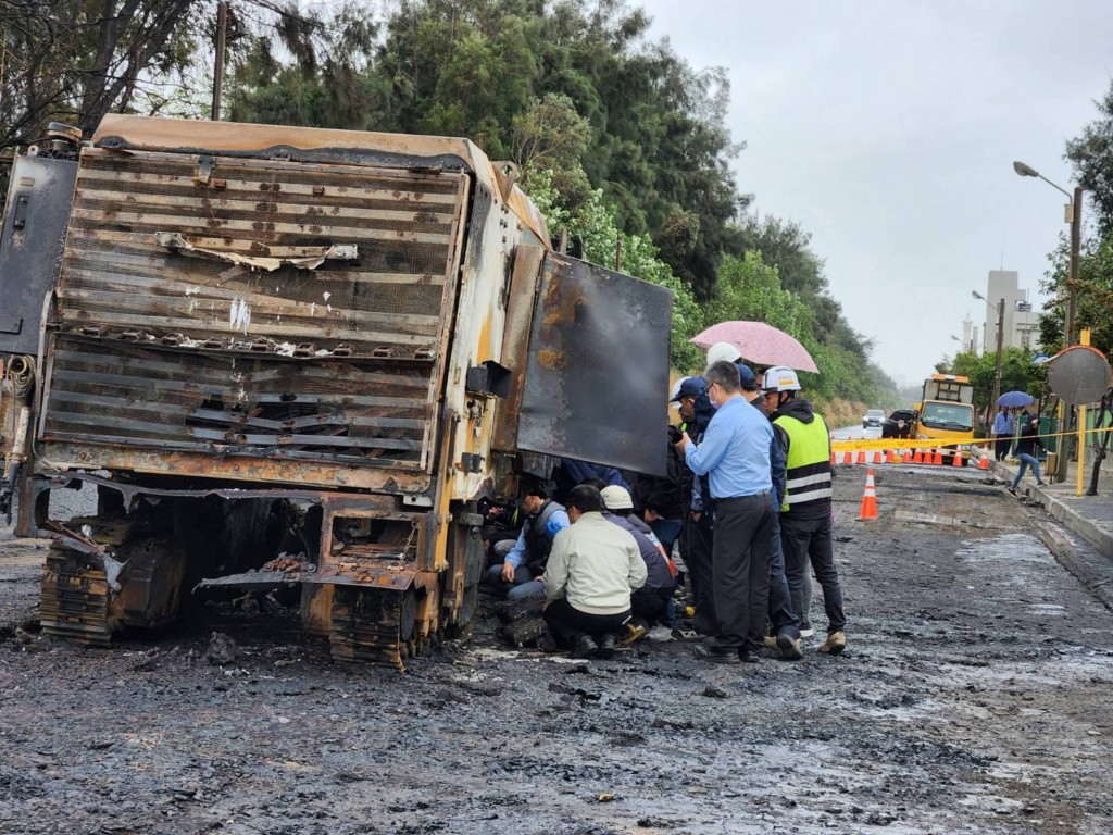 Road paver catches fire after striking gas pipe in northern Taiwan