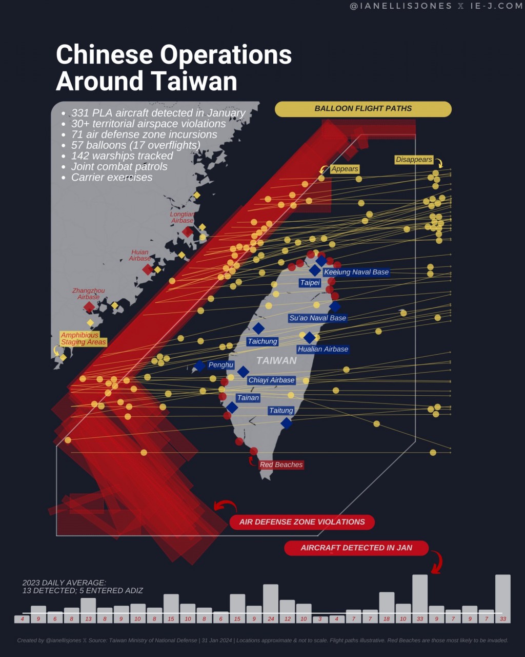 Map shows paths of Chinese balloons over Taiwan ADIZ